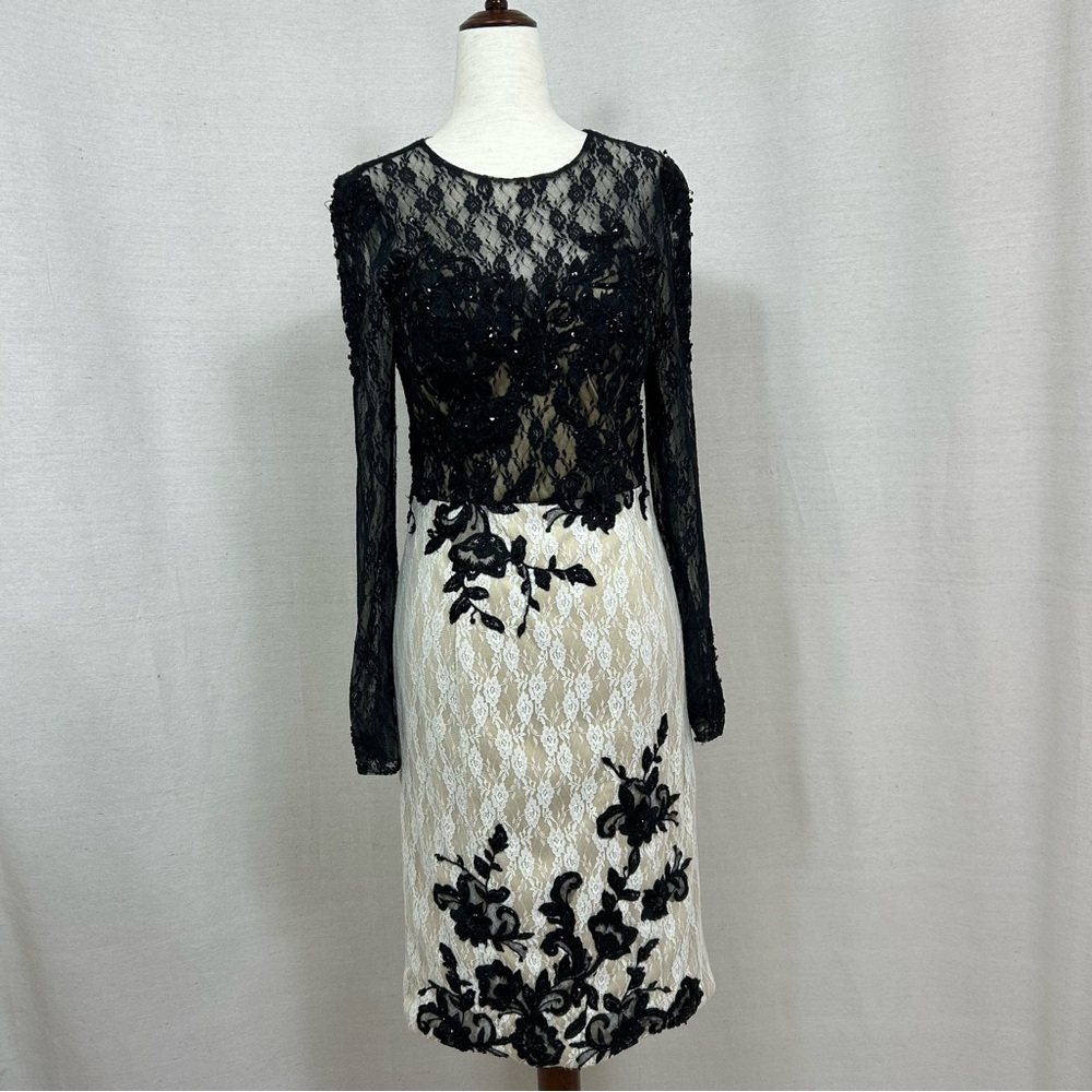 Mac Duggal Black and White Lace Long Sleeve Dress